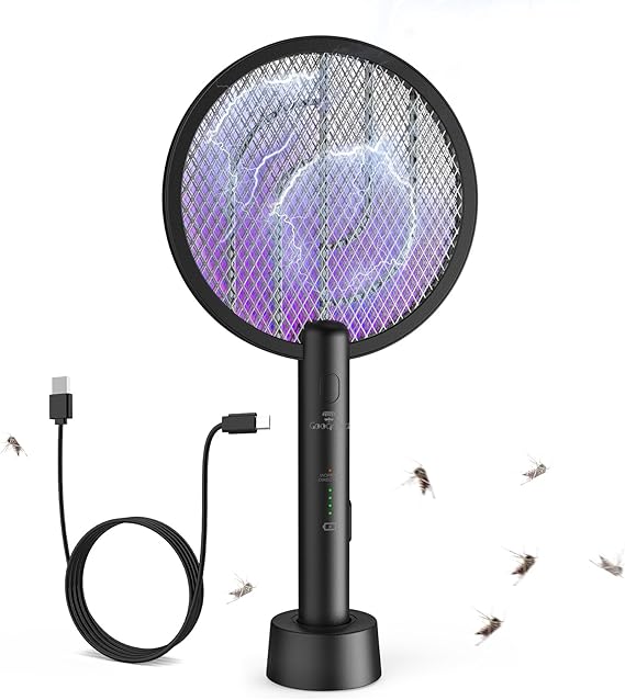 Gooqand Bug Zapper Racket, 2 in 1 Electric Bug Zapper USB Rechargeable, 4000V Indoor Outdoor Electric Racket with 3 Layer Safety Mesh