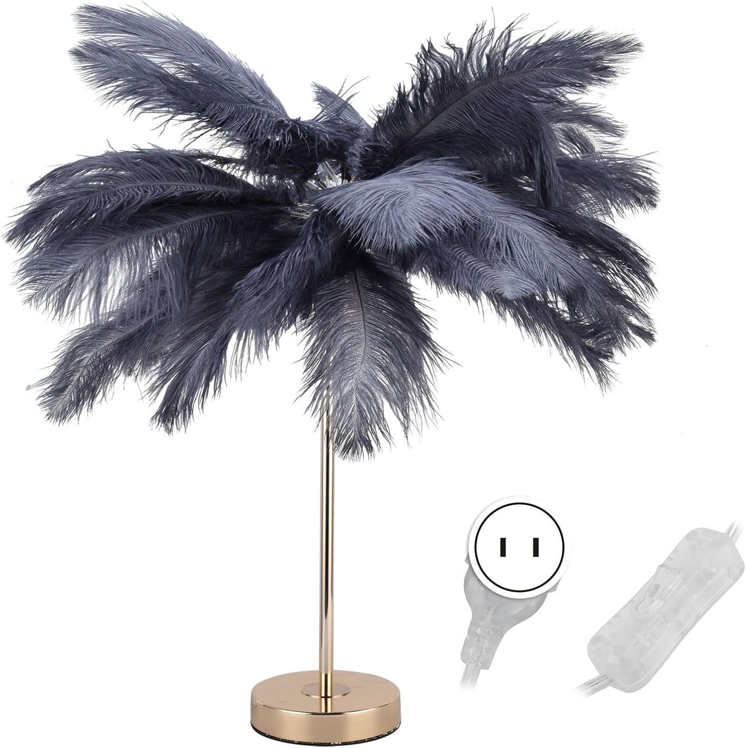 Garosa Feather Table Lamp G4 Bulb LED Night Light Bedside Lamp Atmosphere Light for Bedroom Living Room Dining Room Wedding Decorative Birthday Gift Warm Light(Gray US Plug 110V)