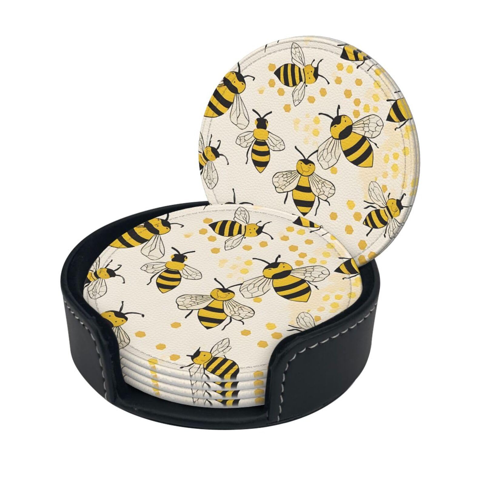 Honey Bee Print Coaster,Round Leather Coasters with Storage Box for Wine Mugs,Cold Drinks and Cups Tabletop Protection (6 Piece)