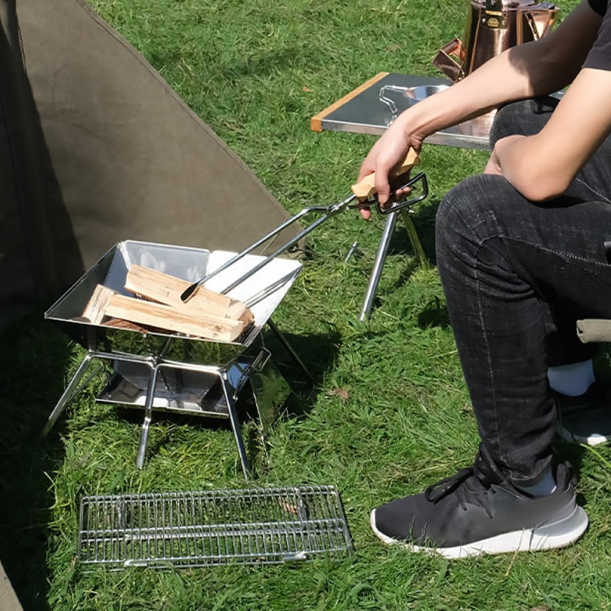 Stainless Steel Charcoal Clip and Barbecue Tongs with Long Anti-scalding Handle, Solid Beech Wood Grip Firewood Tong for Outdoor Bbq Grilling and Fireplace Use