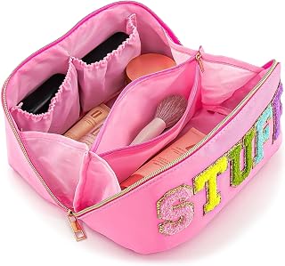 Stoney Clover Dupes Preppy Makeup Bag,Large Capacity Travel Chenille Letter Bag,Waterproof Portable Nylon Women Travel Makeup Bag With Handle and Divider Flat Lay Organizer Pouch (Pink)