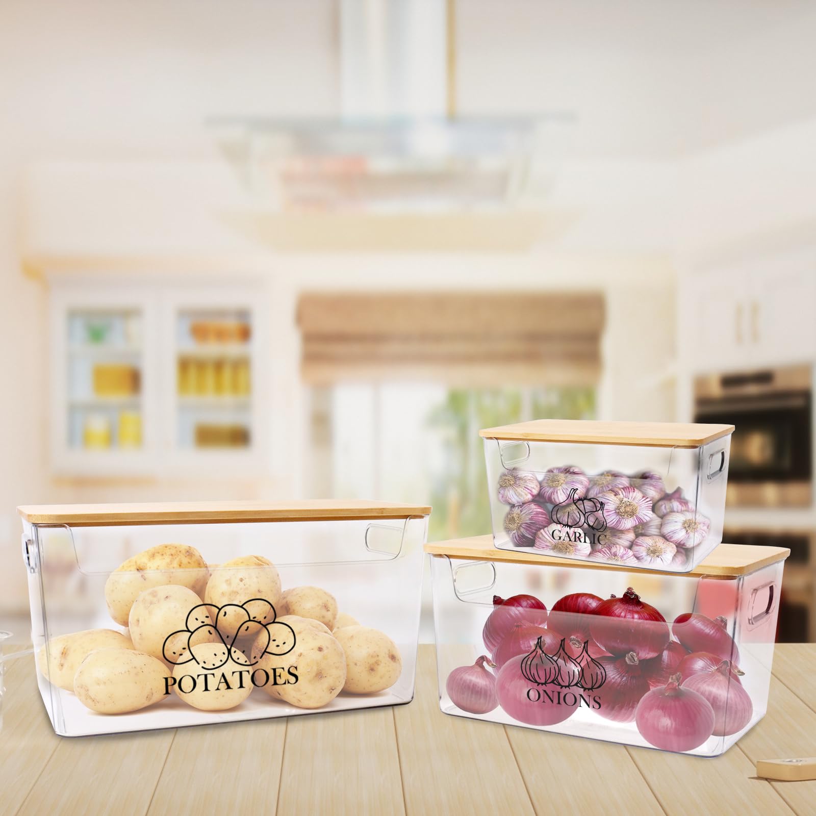 Cajas Patatas Cebollas 3 Piezas Acrílico, Tapa Madera Apilables
