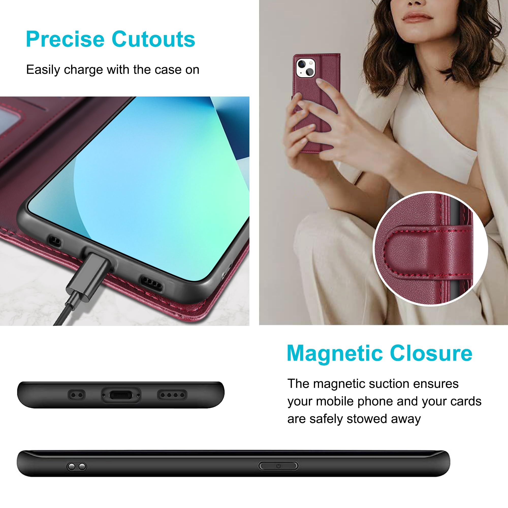 Kuafcase Compatible for iPhone 13 Mini Case with 4 Card Slots Magnetic Closure Kickstand Shockproof Protective Phone Case Compatible for iPhone 13 Mini - Image 4