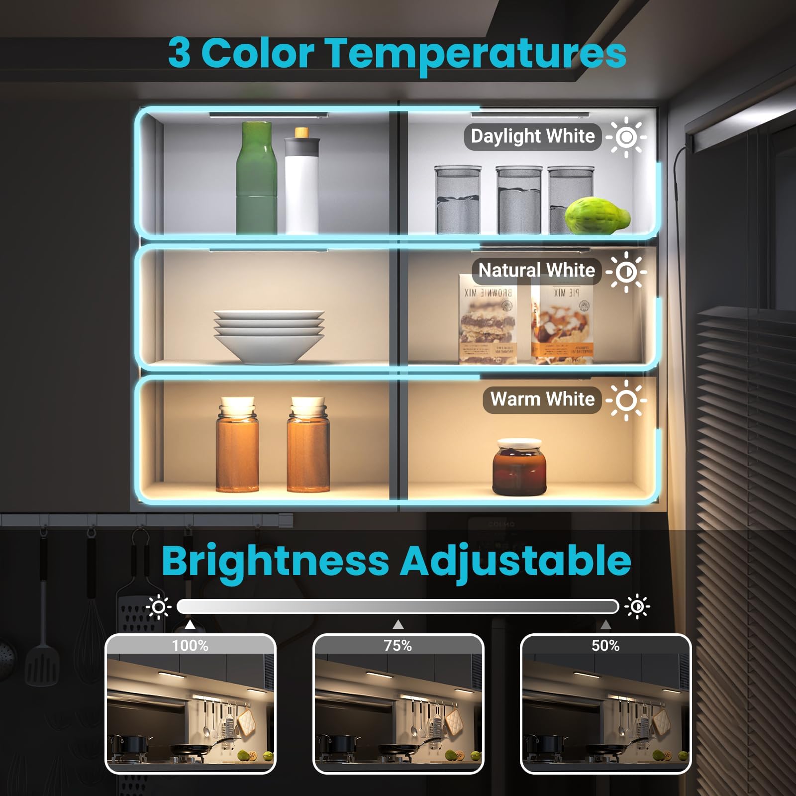 Under Cabinet Lights 2 Pack, Dimmable LED Rechargeable 1000mAh, Motion Sensor Light with 3 Color Temps, Magnetic Wireless Closet Lighting for Kitchen Cabinets, Stairs, Wardrobe (Battery Operated) 1