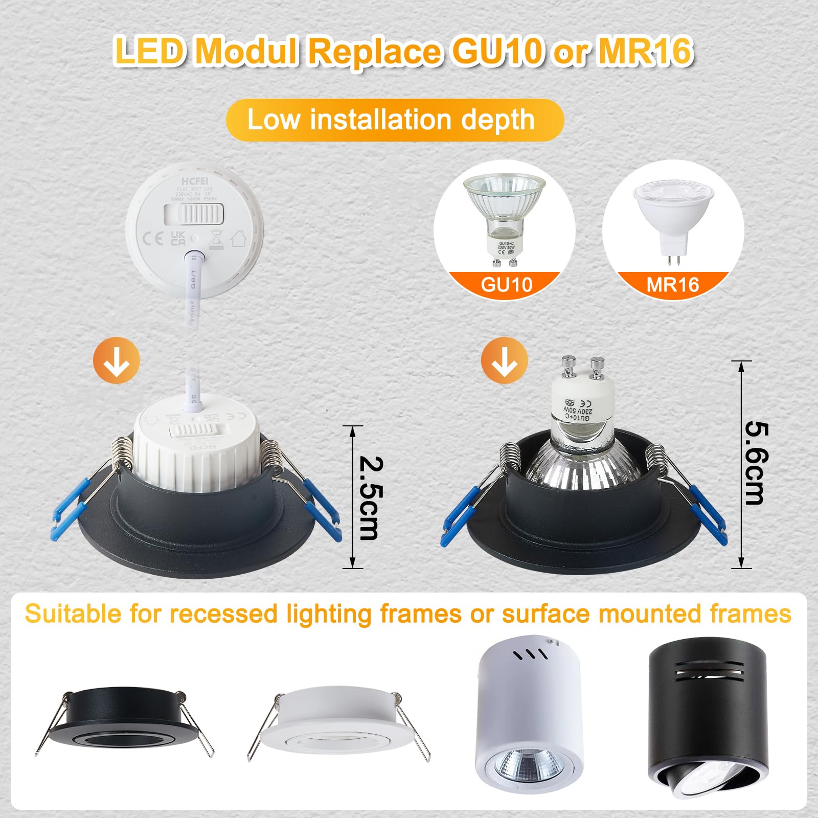 HCFEI Modulo LED ultra piatto, diametro 50 x 24 mm, per faretto da incasso, 5 W, 450 lm, 110° 230 V, bianco caldo, bianco naturale, bianco freddo, sostituisce lampadine GU10 MR16, impermeabile IP44