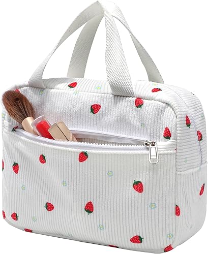 CAMTOP Bolsa de maquillaje para mujeres y niñas, bolsa de cosméticos de pana para viaje, bolsa con cremallera, Pana Fresa