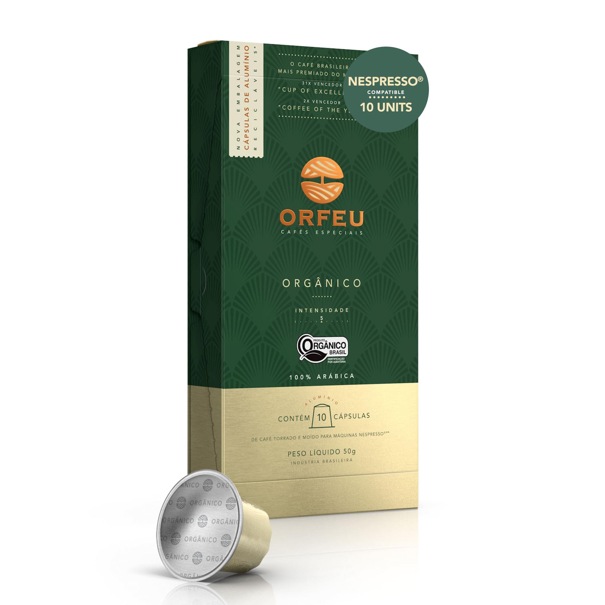 ORFEU - Special Organic Coffee - Compatible with Nespresso Capsules - 100% Arabica Coffee, Light Roast - Chocolate & Caramel Notes, Medium Acidity - Sustainable Plantation - 10 Units, 50g