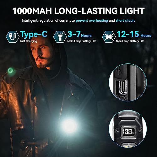 Miniatura 8 de Linterna táctica EDC, linterna plana recargable de 1100 lúmenes con pantalla digital, linterna LED ligera para transporte diario, linterna de