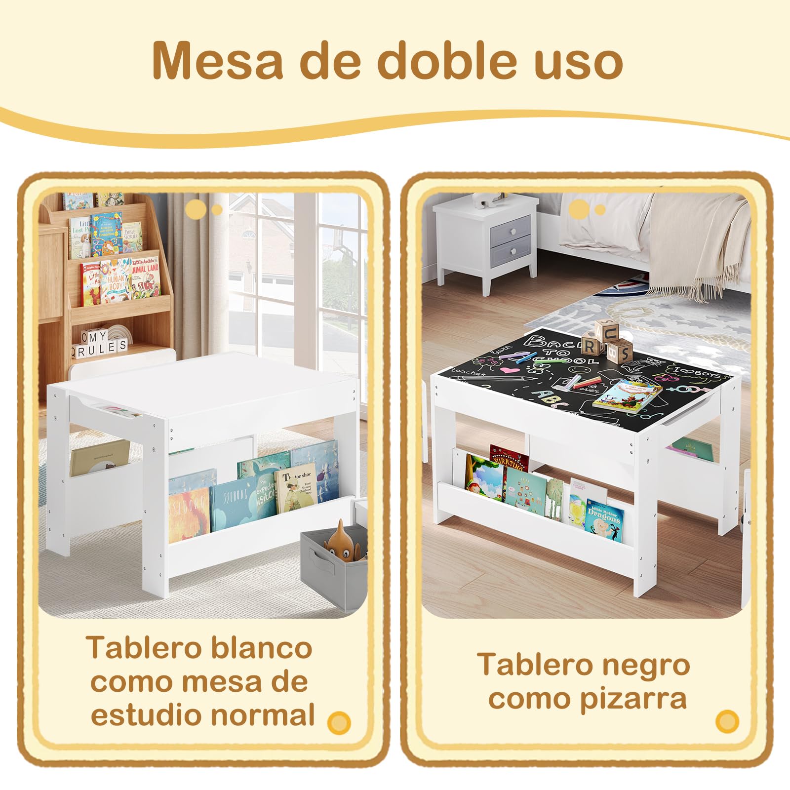 Lestarain Juego de Mesa y Sillas Infantiles, Mesa con Pizarra y 2 Sillas para Niños de Caja Almacenaje, Encimera Reversible, Mueble Infantil para Guardería y Habitación Infantil, Blanco