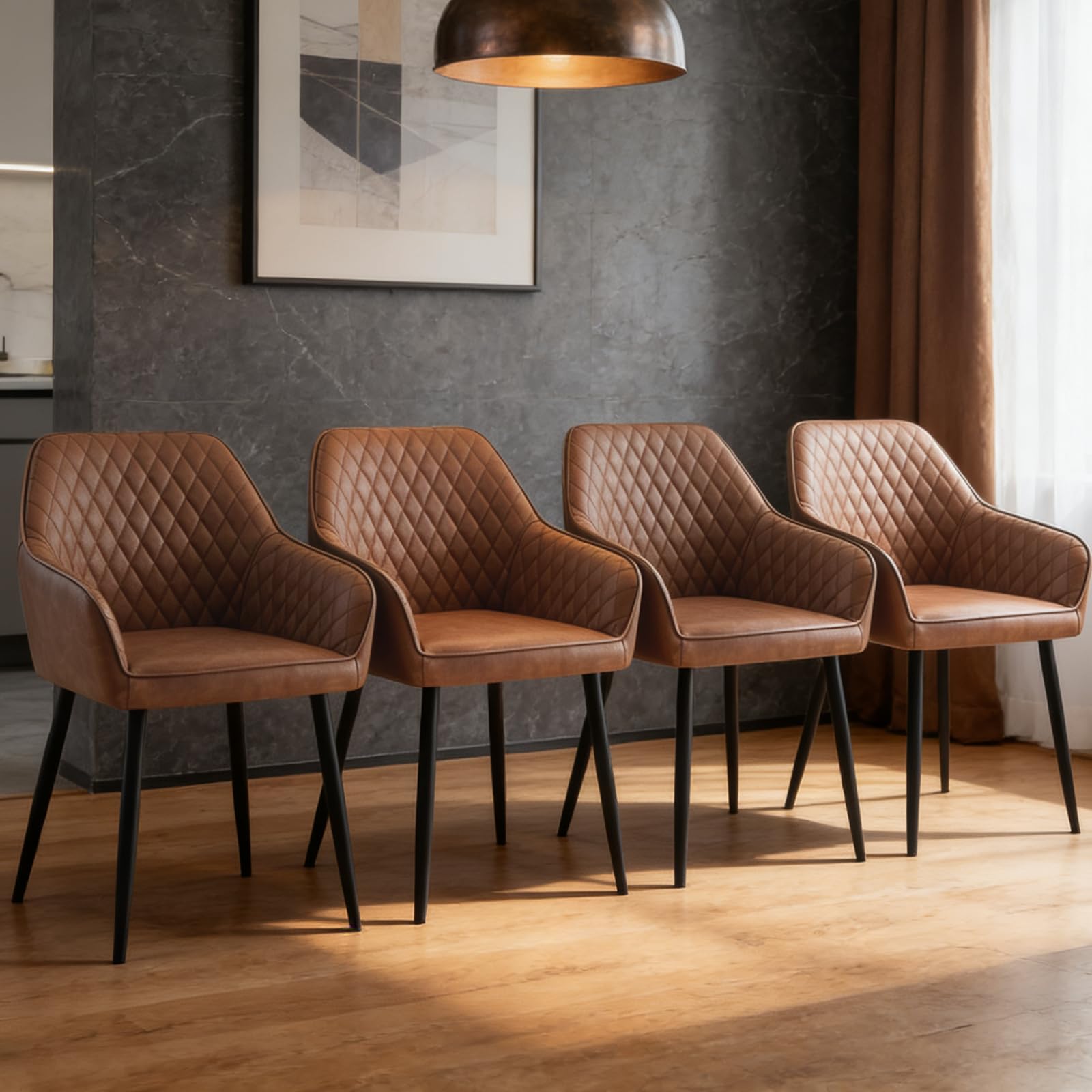 ZOONFA Dining Chair Set of 4 Upholstered Faux Leather Kitchen Chairs with Metal Legs Backrest and Armrest Modern Accent Chair for Dining Room Living Room (PU Brown)