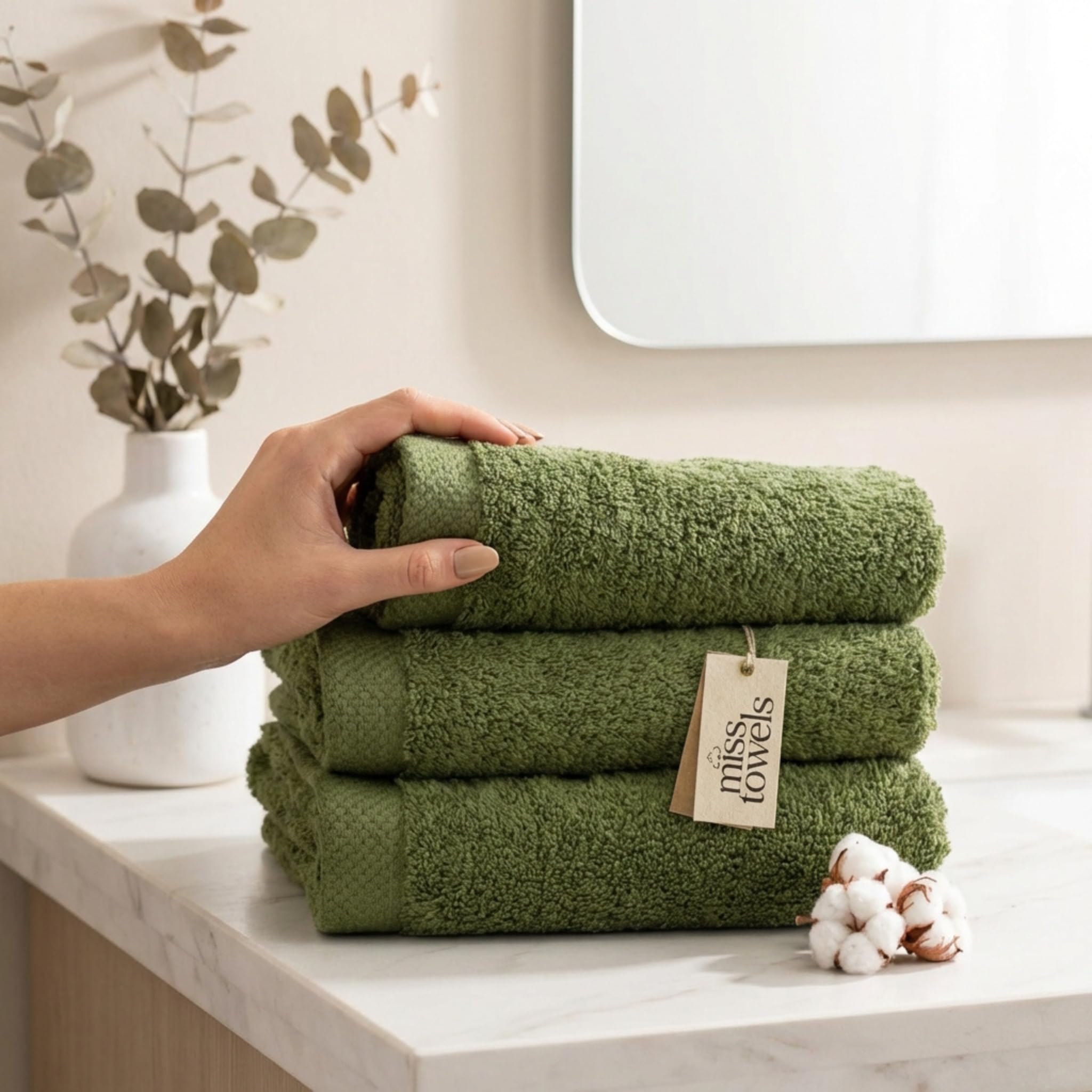 MissTowels® Handtuch Set 12-teilig – 100% Baumwolle aus Portugal, Olivgrün, 50x100 cm – Weich & Saugfähig – Hotelqualität – Oeko-TEX Zertifiziert – 8+4 Gratis
