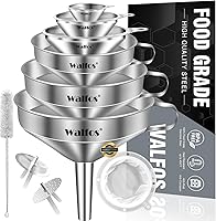 Walfos Stainless Steel Kitchen Funnels Set: 6 Sizes, 2 Removable Strainers, Cleaning Brush & 200 Mesh Filter for Oils, Jams, Liquids