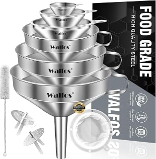 Walfos Stainless Steel Kitchen Funnels Set: 6 Sizes, 2 Removable Strainers, Cleaning Brush & 200 Mesh Filter for Oils, Jams, Liquids