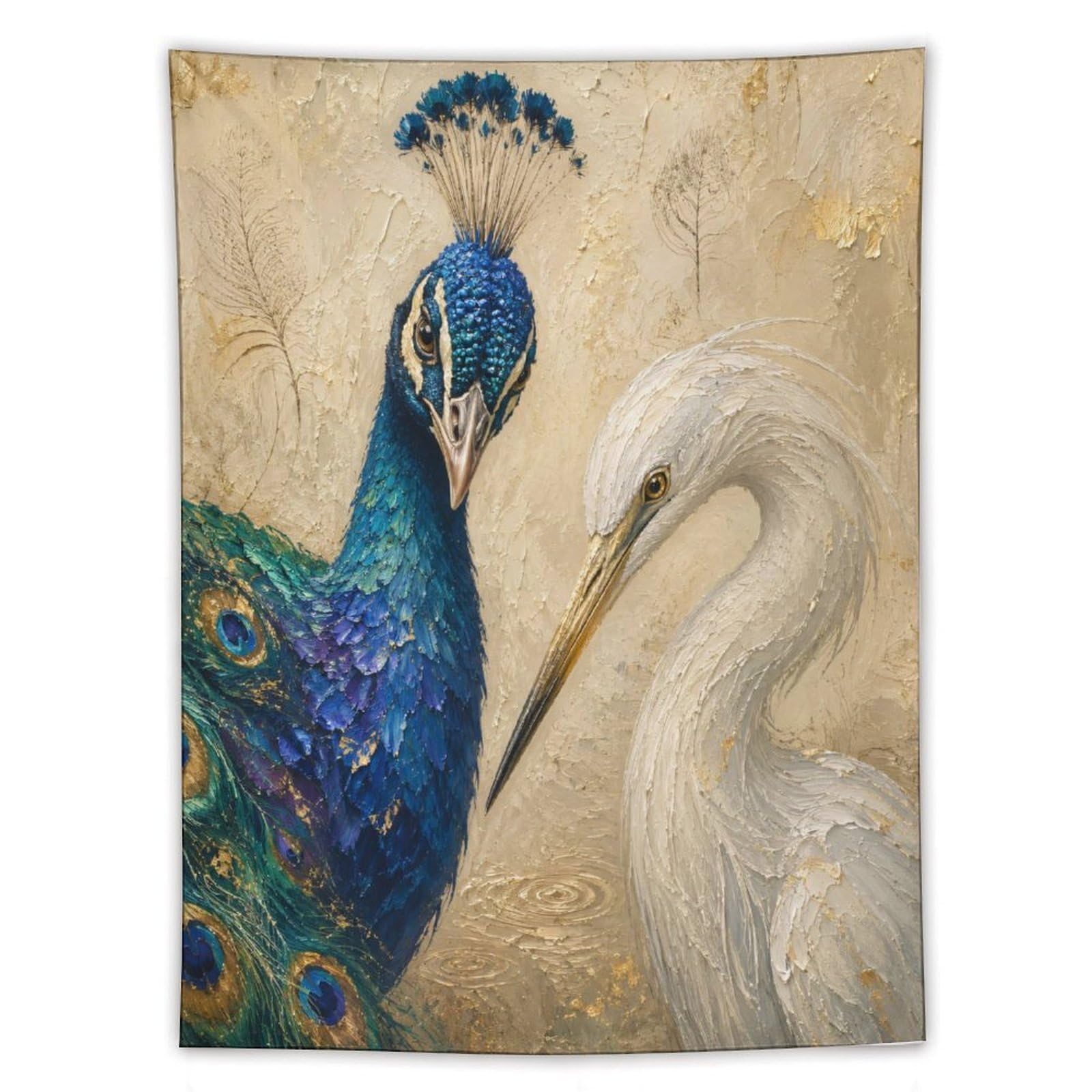 W7C8U2X3 Peacock and Egret Wall Tapestry, Oil Painting, Reading Corner