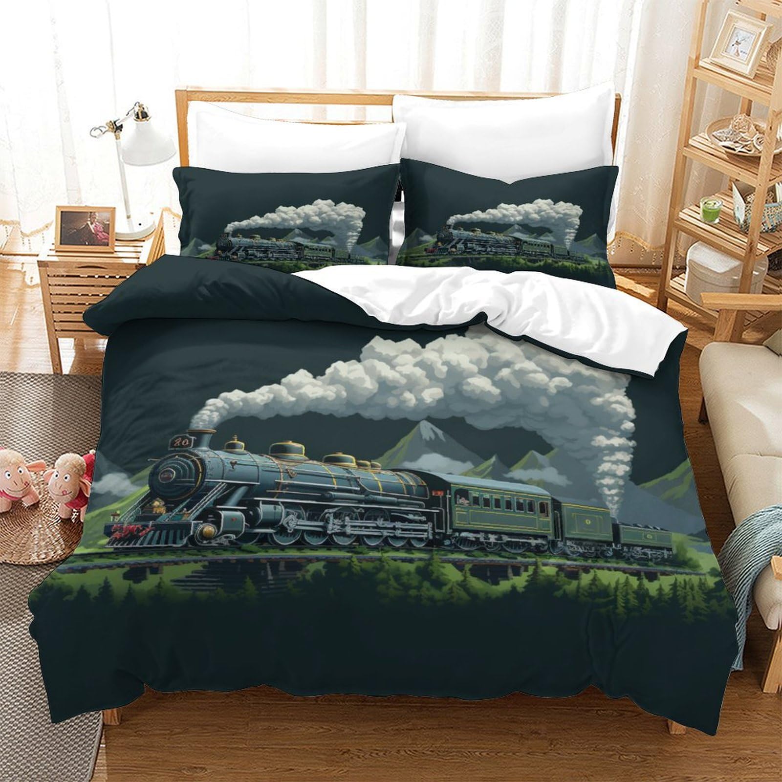 Housse de couette train à vapeur 3D infroissable en microfibre douce pour lit single 140x200