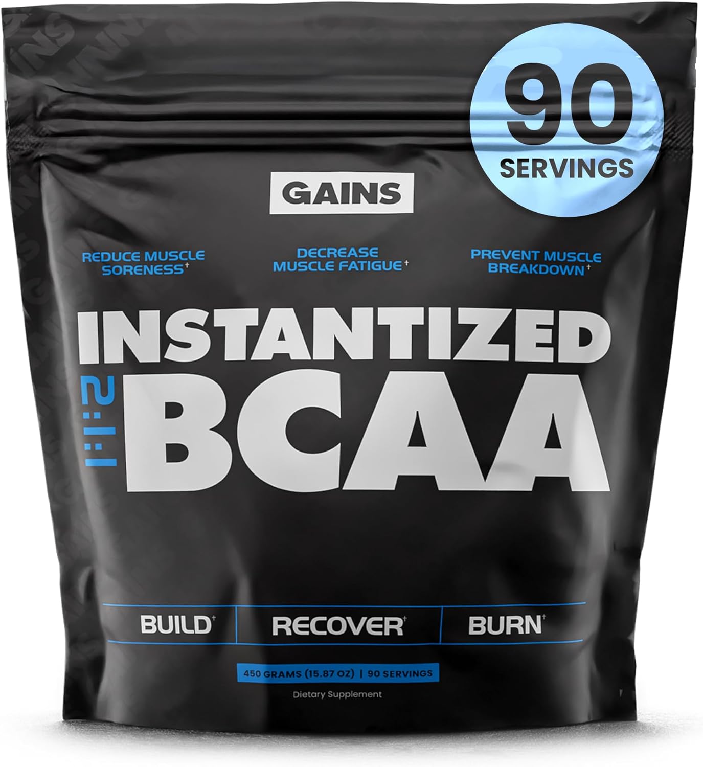 Gains in Bulk BCAA Powder, Pre Workout Plant Based Branch Chain Amino Acids, Gluten Free, Vegan Supplement with Keratin for Endurance & Strength During & Post Workout, Unflavored, 90 Servings