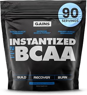 Gains in Bulk BCAA Powder, Pre Workout Plant Based Branch Chain Amino Acids, Gluten Free, Vegan Supplement with Keratin for Endurance & Strength During & Post Workout, Unflavored, 90 Servings