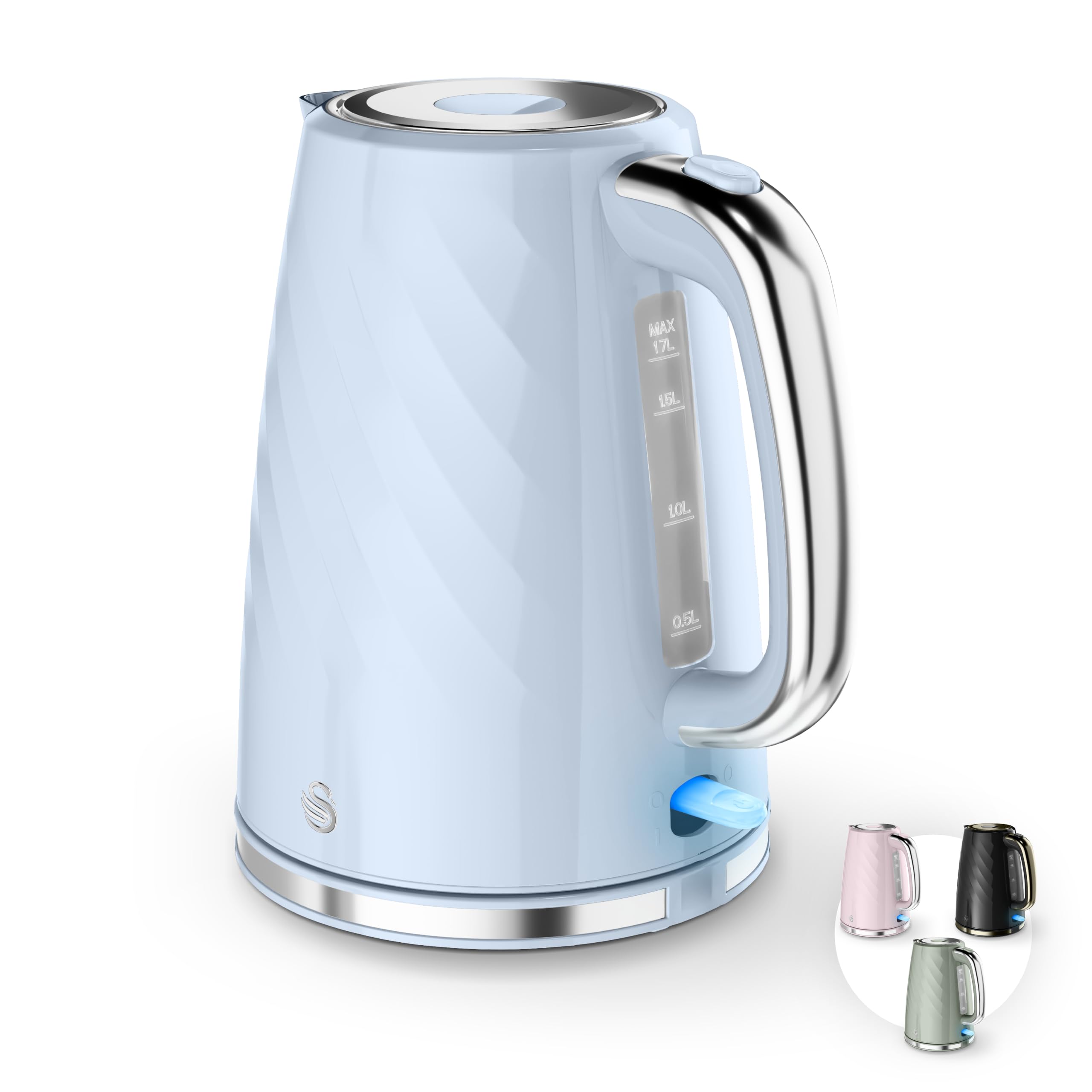 Swan Windsor 1.7L Kettle, Rapid Boil, Push Button Lid, 360 Degree Base, Water Indicator Window, Boil Dry Protection, Anti-Slip Feet, 3kW, Blue, SK14611BLU