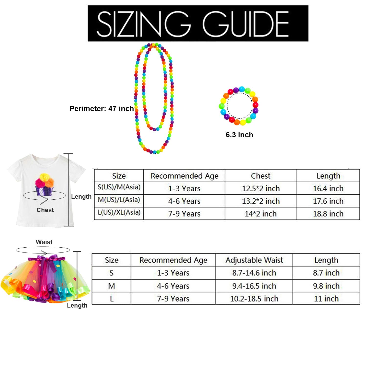 Gonna da balletto con tutù arcobaleno per ragazze, con camicia, collana e braccialetto
