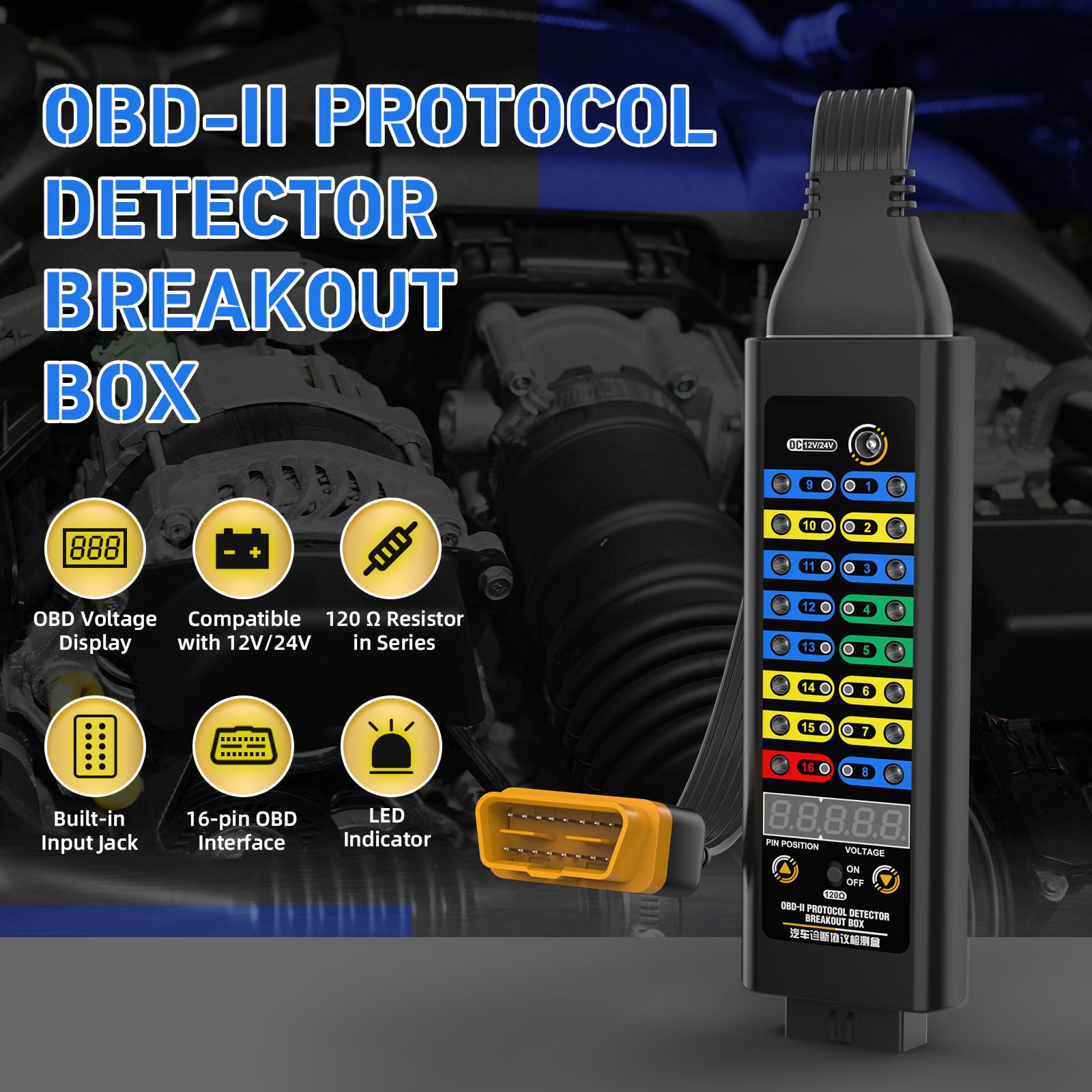 OBD2 Breakout Box detektor protokołu (model wysokiej jakości), kompatybilny z 12 V/24 V, rezystor 120 Ω w szeregu, narzędzie do diagnostyki błędów ze wskaźnikiem napięcia OBD i LED