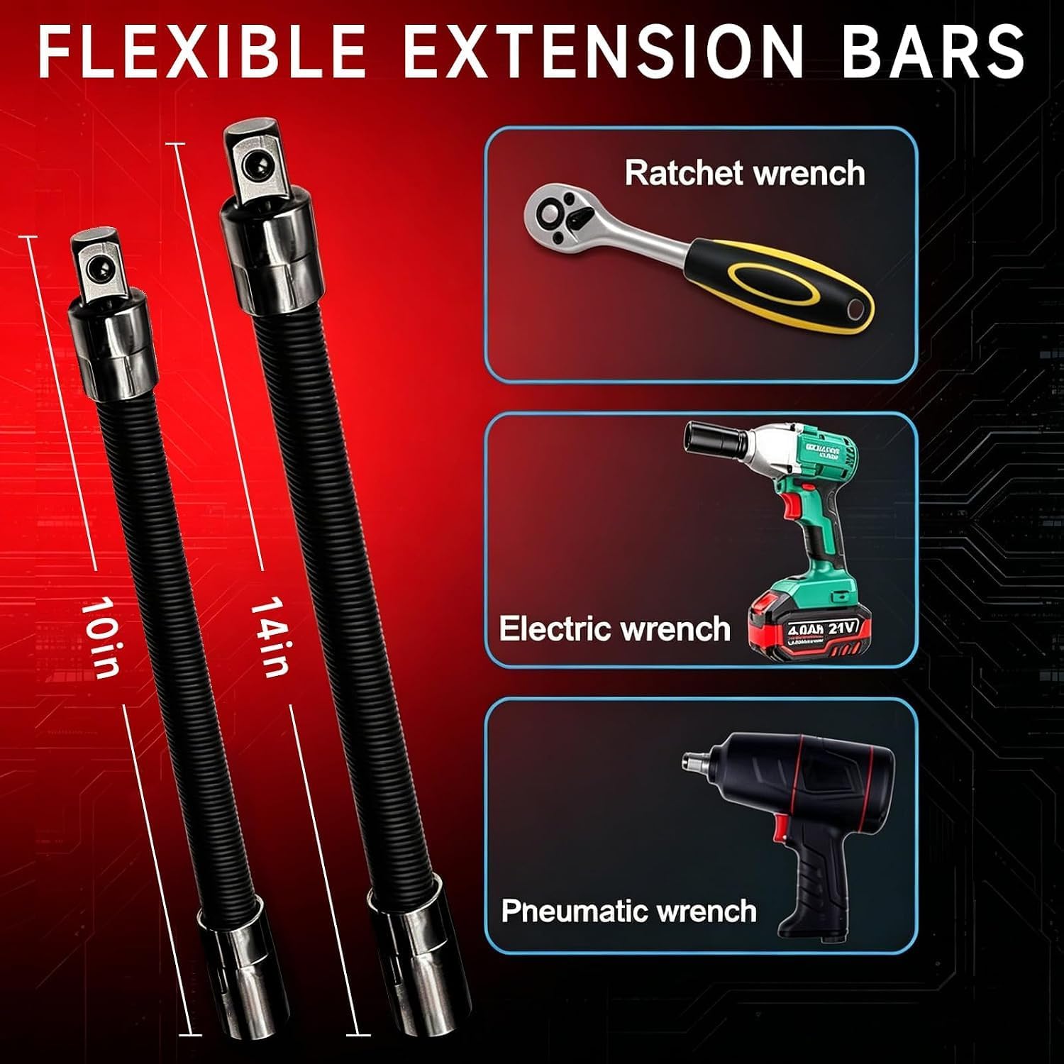 New 1/2" Drive Flexible Socket Extension Set, 10" & 14" Bendable Impact Extension Bar, Heavy Duty Flex Shaft Torque Extender for Engine Bay, Tight Space & Automotive Repair