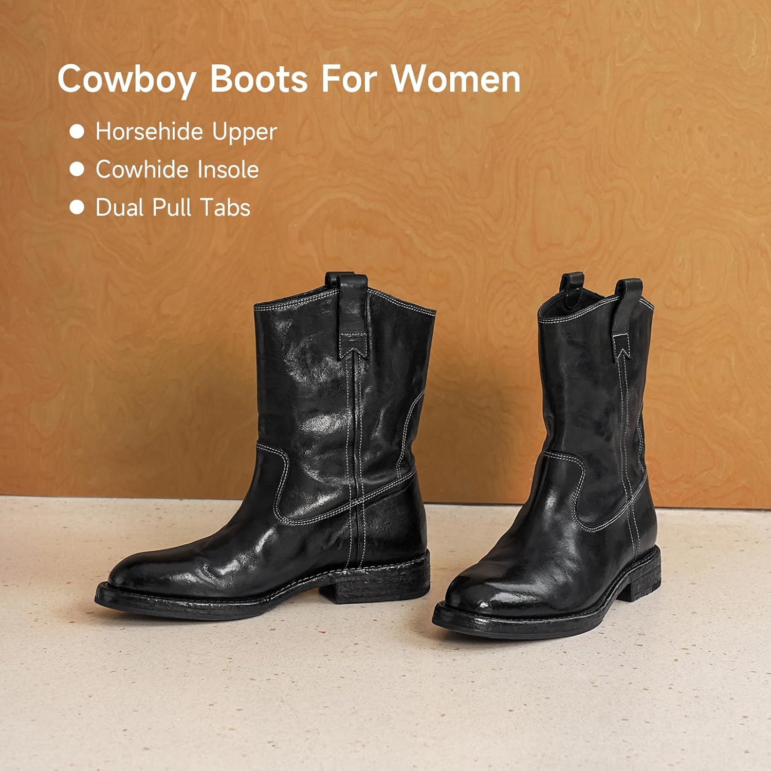 BEAU TODAY Mid Calf Boots for Women, Genuine Leather Wide Calf Boots Women,Slouch Slip On Dressy Boots with Low Heel