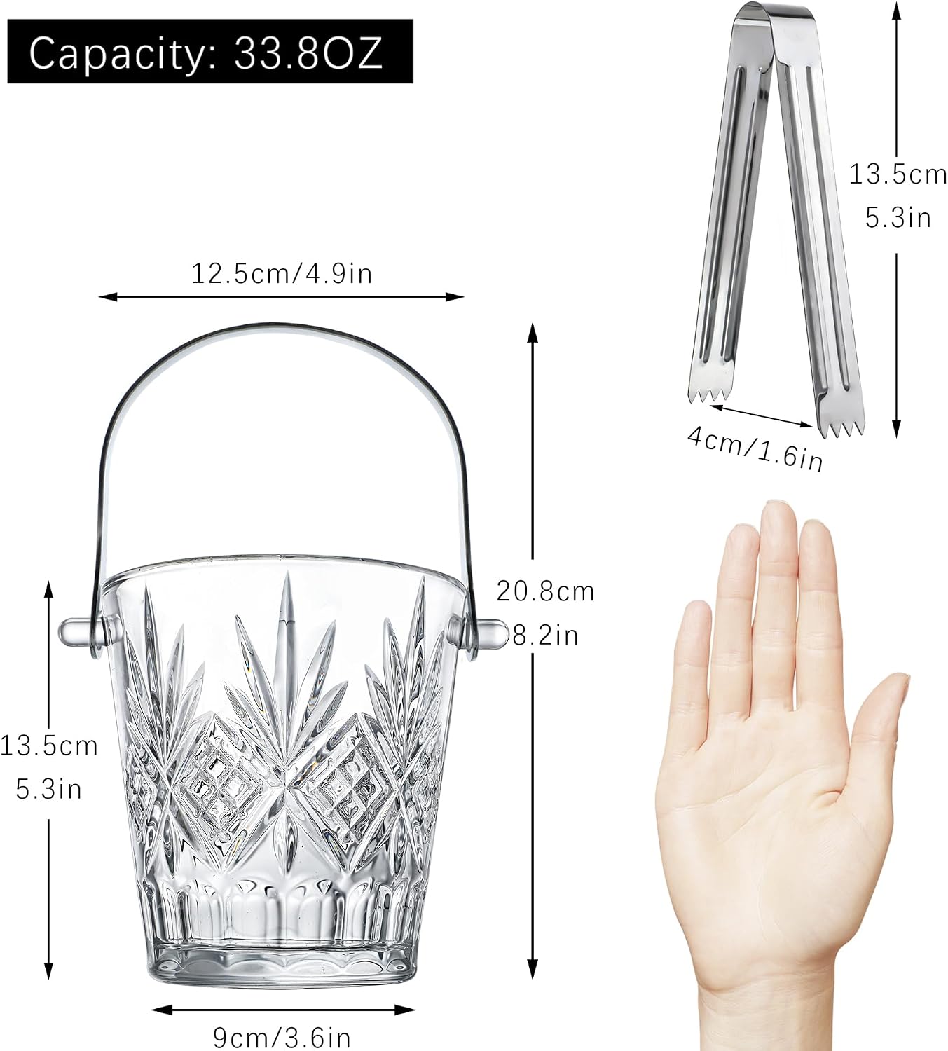 34.4oz Glass Ice Bucket and 33.8 oz Crystal Ice Cube Busket with Handle Ice Tong