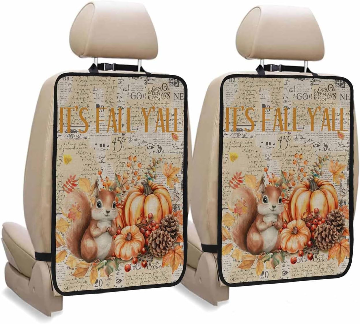 Car Seat Protector, 2 Pack Kick Mats Back Seat Protector Fall Thanksgiving Retro Cute Squirrel Pampkin Maple Leaves Waterproof Backseat Cover for Kids Universal Fit Automotive Interior Protectors