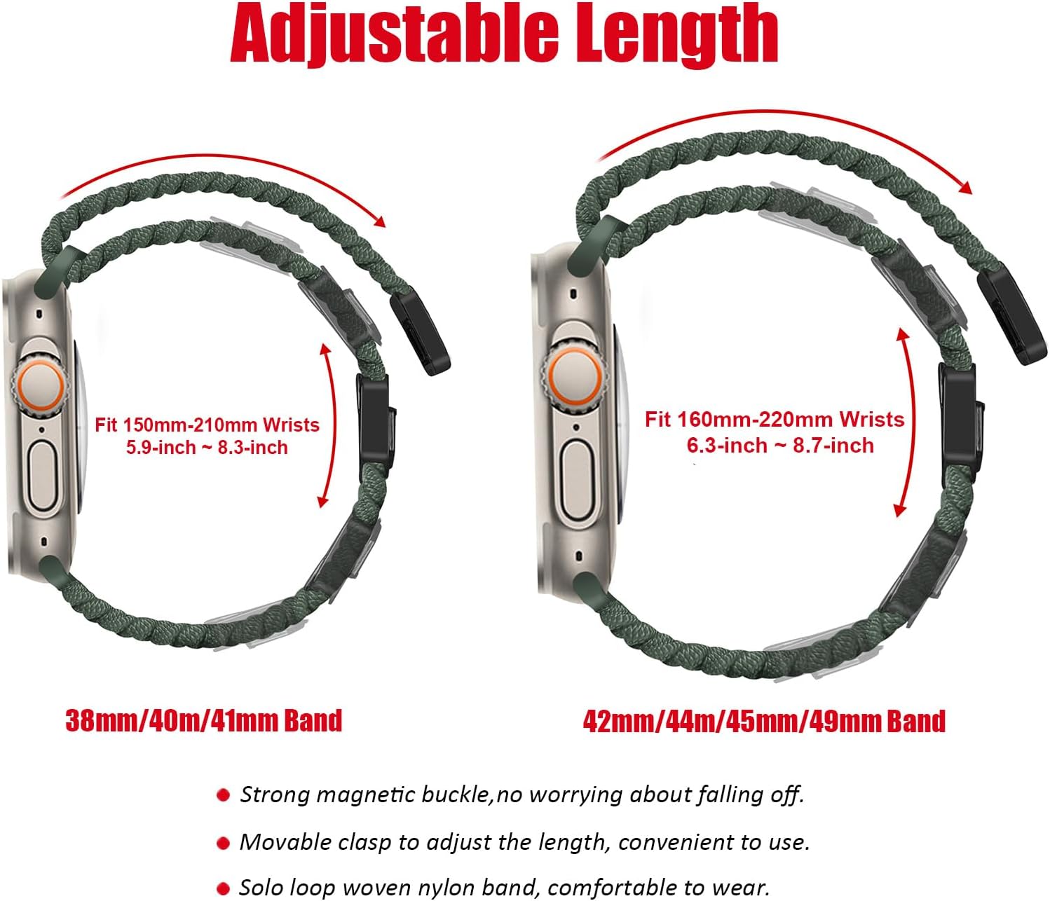 Sport Solo Loop Compatible with Apple Watch Band 42mm 44mm 45mm 49mm for Women Men,Adjustable Magnetic Stretchy Nylon Braided Wristband for iWatch Series 9 8 7 6 5 4 3 Ultra 2 SE SE2,Green - Image 7
