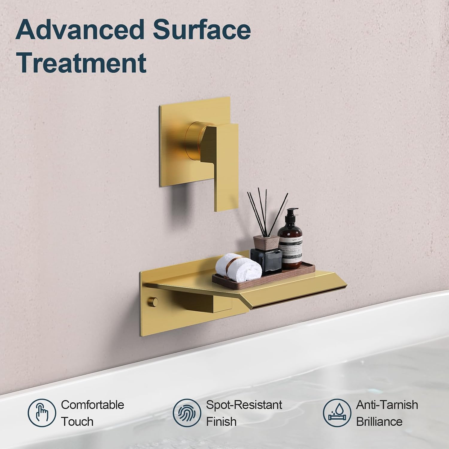 Wall Mount Waterfall Bathtub Faucet Set, Single Handle Tub Filler with Pressure-Balanced Valve, Brushed Gold