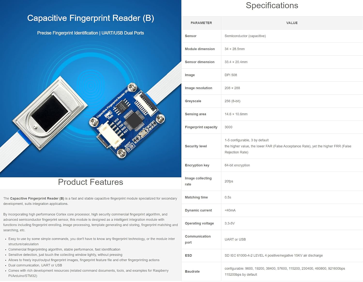Waveshare High Precision Capacitive Fingerprint Reader (B) UART/USB Dual Ports