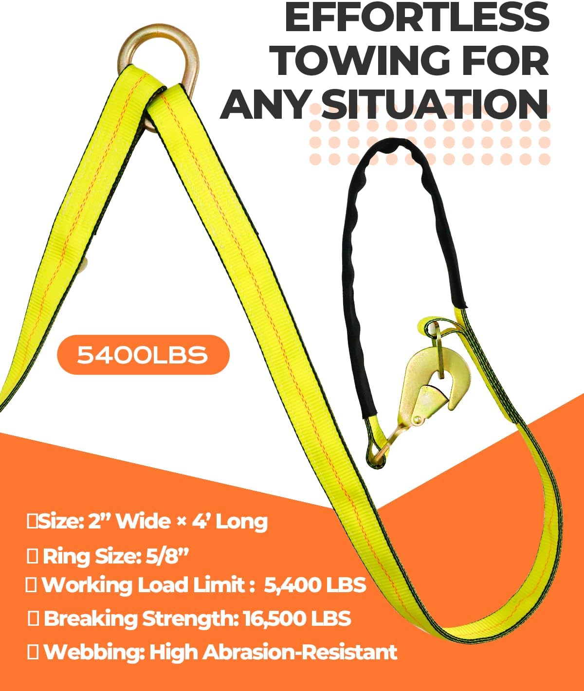 TKK Heavy-Duty V-Bridle Tow Strap 2" x 4' – 5,400 lbs Capacity, with Snap Hooks, Cordura Sleeves & (2) 2"x36" Axle Straps, D-Ring Center, Ideal for Flatbed Towing & Recovery