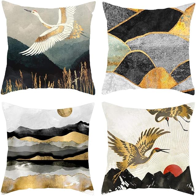 HOSTECCO Nature Landscape Cushion Covers Pack of 4 Gold Pillow Covers Mountain Sun Crane Square Decorative Cushion Covers for Sofa Couch 45x45 cm