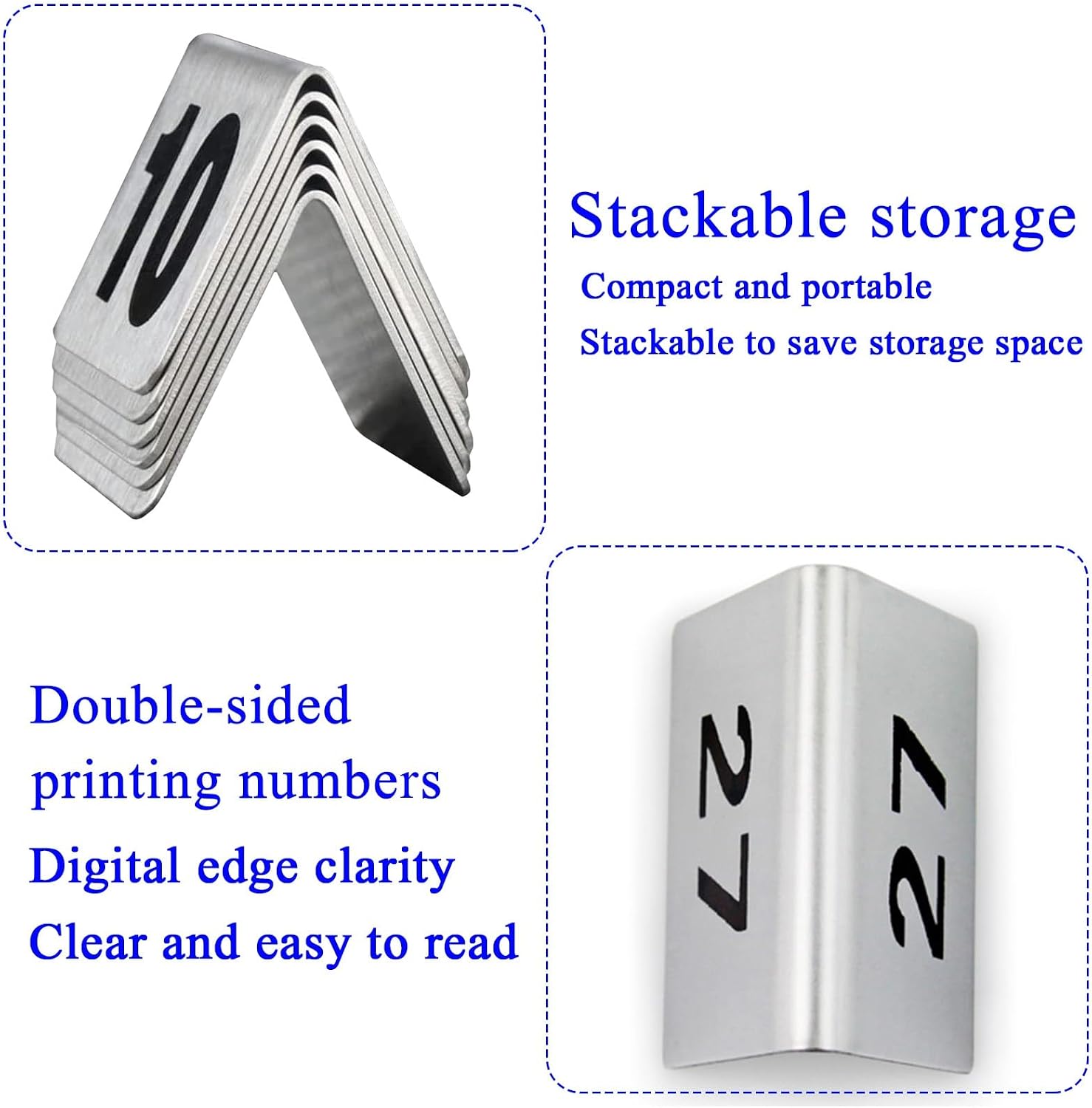 Metal Stainless Steel Tabletop Number Sign, Reusable Tent Style Table Number Stands For Restaurants And Weddings, 1-50 1-100 Double-Sided Triangle Place Cards, Stackable Save Space(1-50)