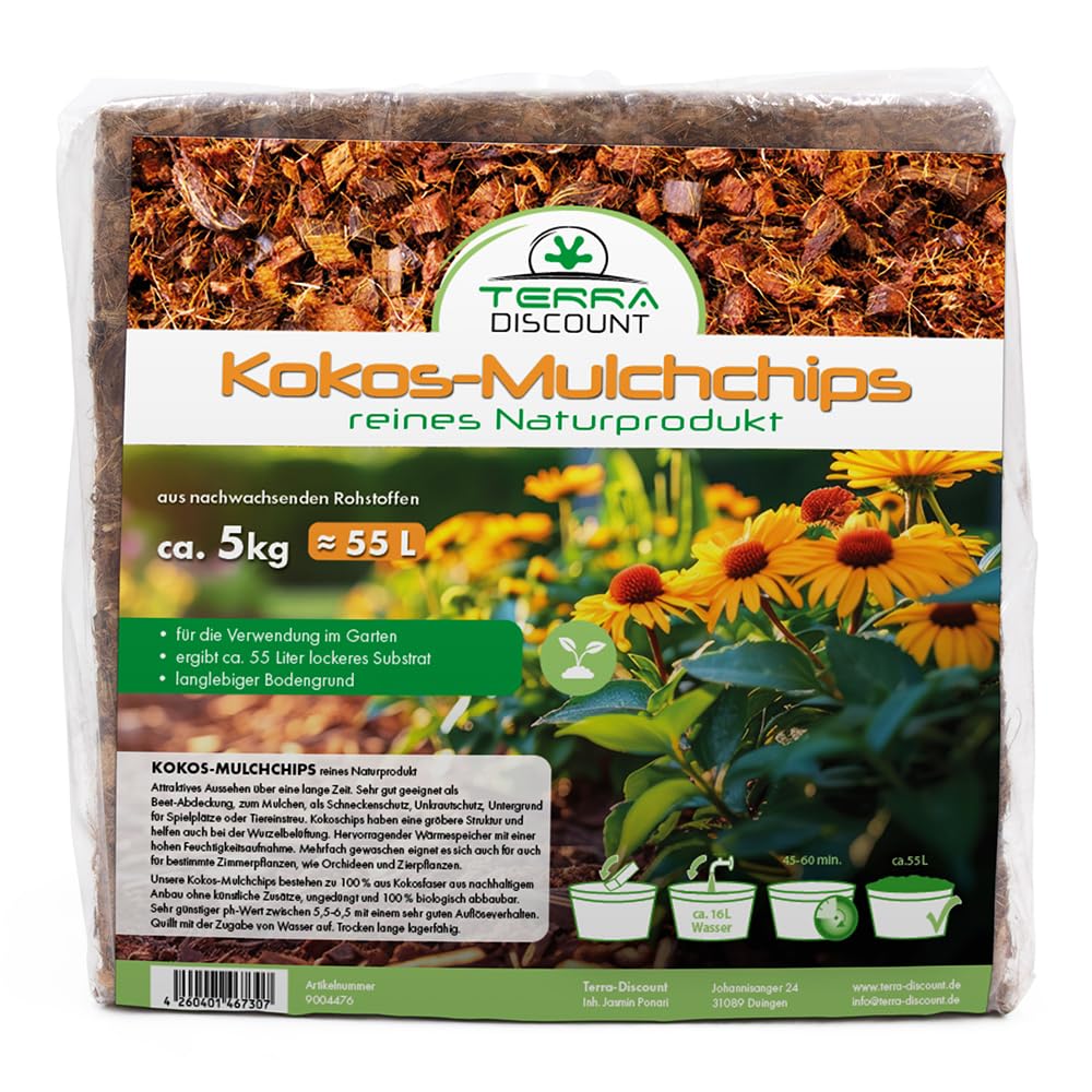 Terra Discount Kokos-Mulchchips, 5 kg Block, 100% Naturprodukt aus Kokosfaser, Mulch & Pflanzsubstrat für Garten, Hochbeet, Orchideen & Zimmerpflanzen, Alternative zu Pinie (1)