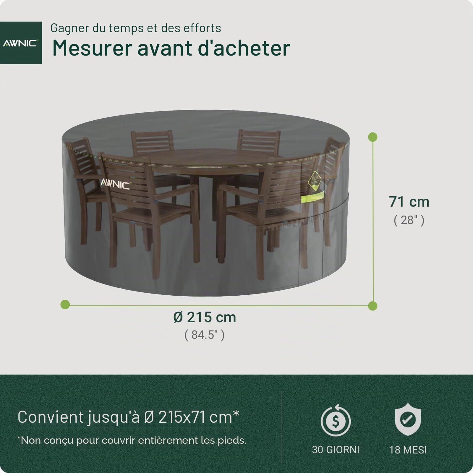 AWNIC Housses de Meubles de Jardin imperméables avec Crochets Oxford 420D, Housses de Table d'extérieur Anti-UV Coupe-Vent, Rond Noir Ø215 x 71 cm