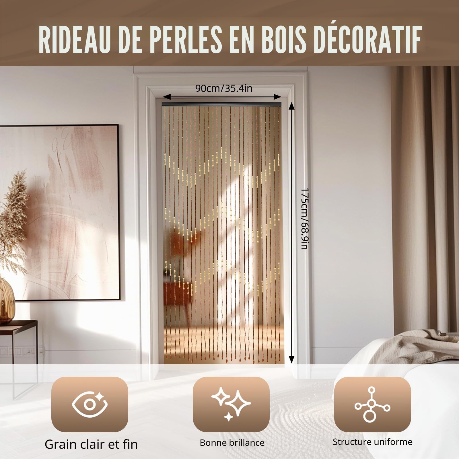 Rideau de perles en bois, en bambou, design rétro, 90 x 175 cm, respirant, avec traverses, en bois, comme cloison, décoration pour portes et balcons