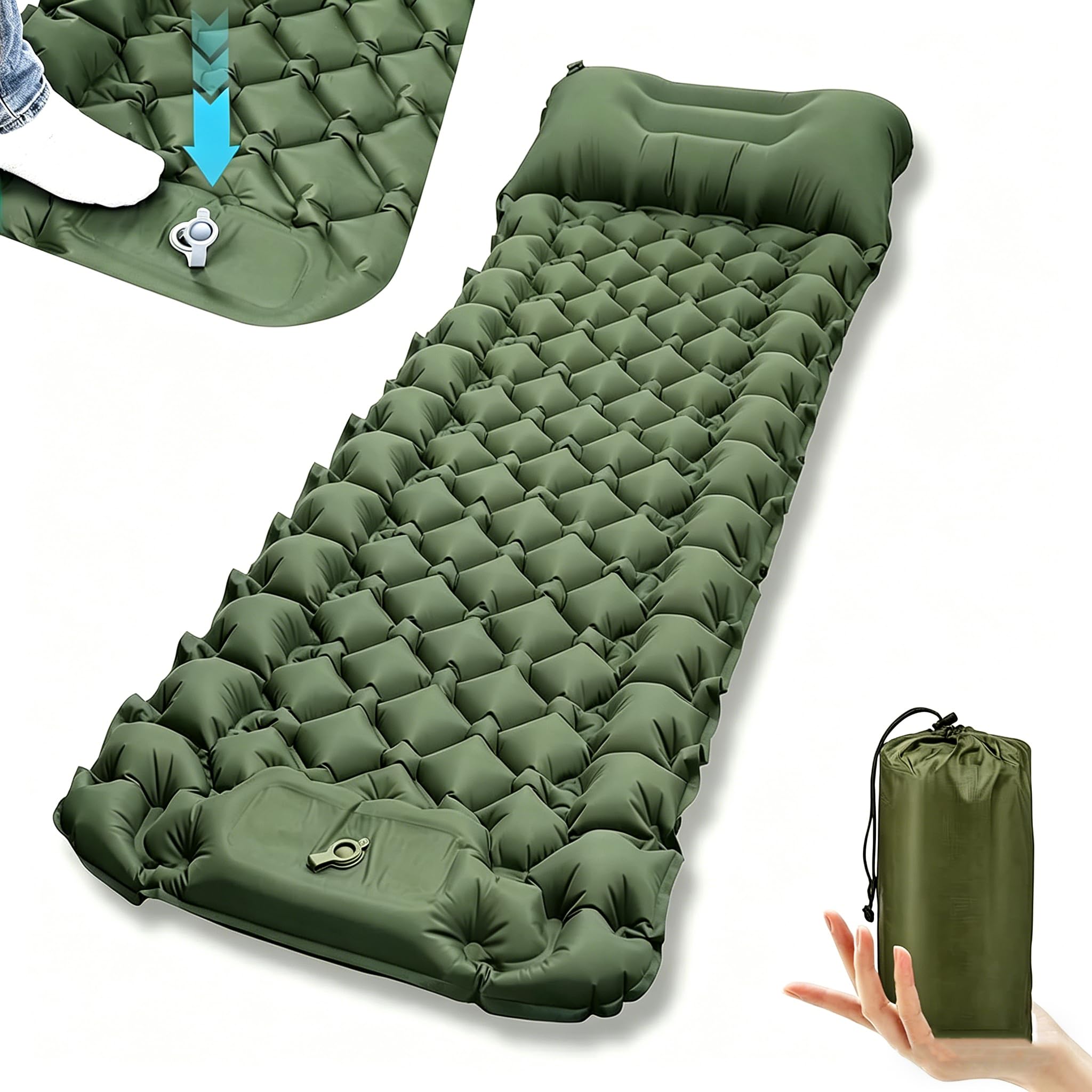 Camping Sleeping Pad, Ultralight Inflatable Camping Mat Bed with Pillow Built-in Foot Pump Portable Waterproof Sleeping Pads Compact for Outdoor Camping, Backpacking, Hiking, Tents (green, Single)