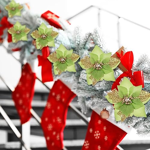 Miniatura 4 de Boao 24 flores de Pascua artificiales con purpurina para Navidad, bodas, árbol de Navidad, Año Nuevo (verde)