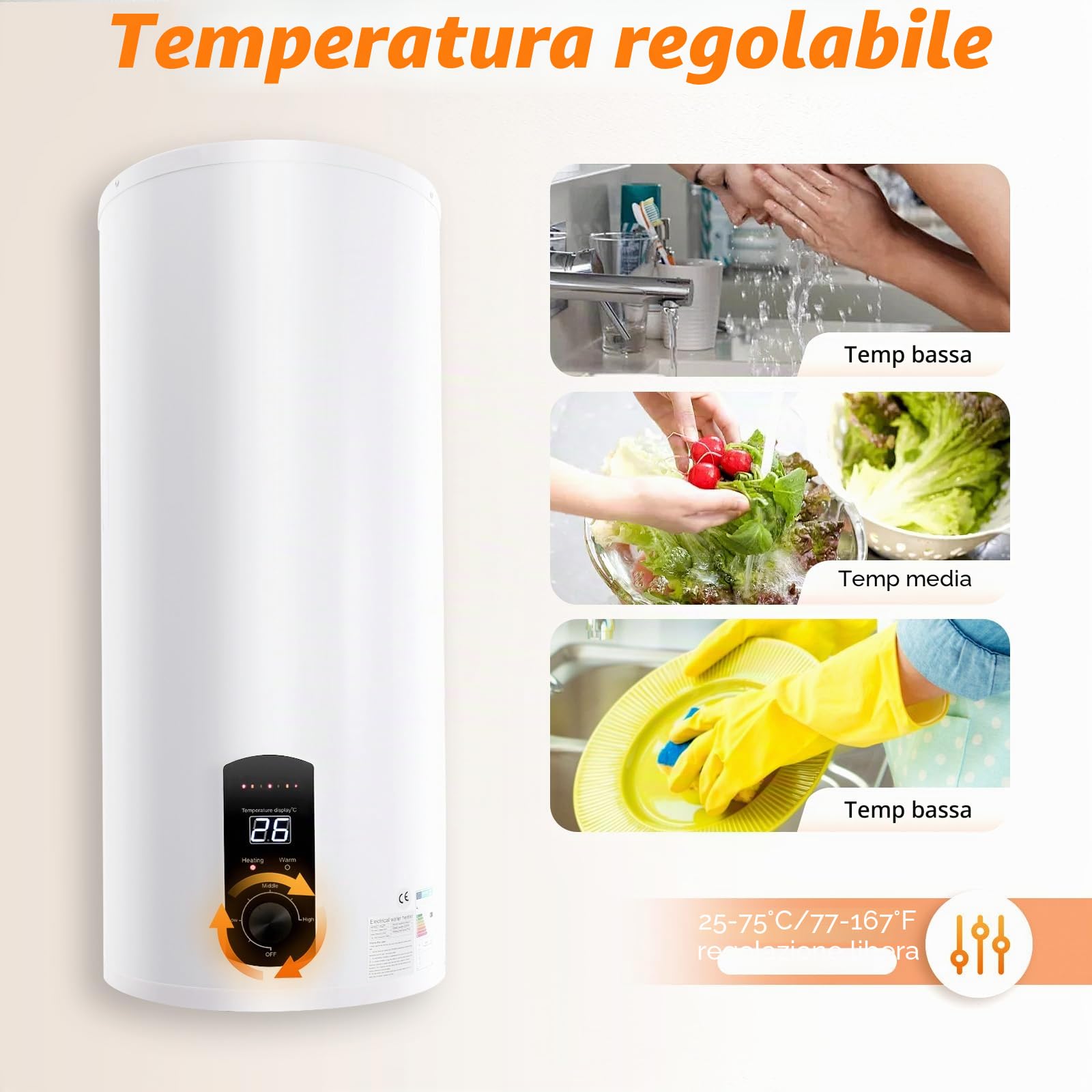 Set di scaldacqua elettrico da 60 l, 220 V, serbatoio elettrico, scaldabagno elettrico con doccetta e tubo, scaldabagno elettrico, 25 – 75 °C, IPX4 (60 L)