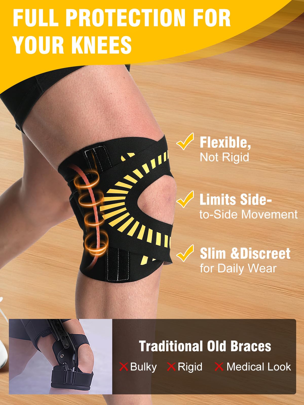 Quick-Wrap – Lot de 2 genouillères réglables pour homme et femme avec 4 stabilisateurs à ressort en métal, rotule ouverte, sangles en X, compression respirante pour la course, la gym, le