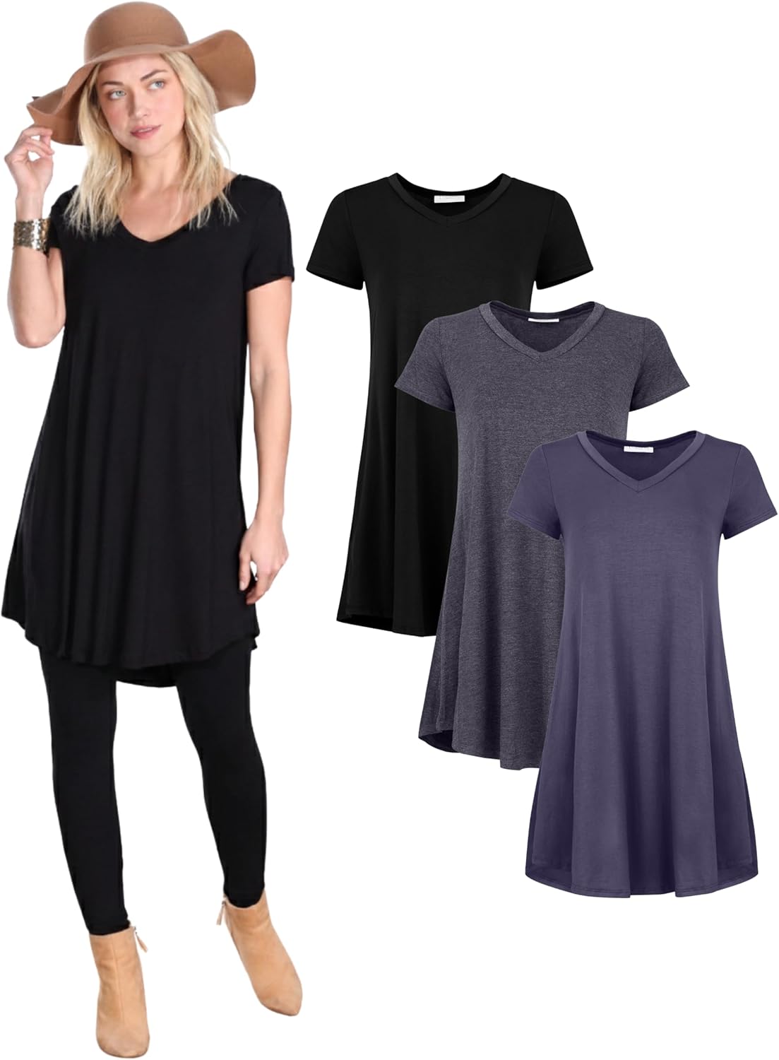 Popana Short Sleeve Tunic Tops for Women, Flowy Stretch Loose Fit Short Sleeve Tunic Tops for Leggings 3-Pack