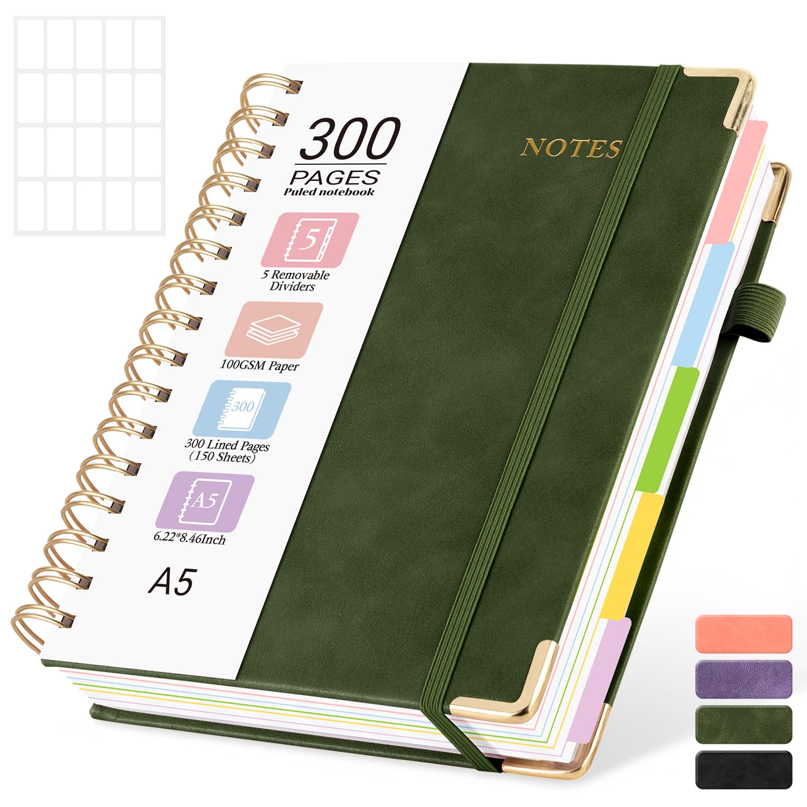Lined Spiral Journal Notebook, 300 Numbered Pages A5 Size 5 Subject Notebooks College Ruled with Tabs and Removable Dividers, 100GSM Thick Spiral Ruled Lined Writing Journal, Hardcover Leather Notebook for Work, School (Green)
