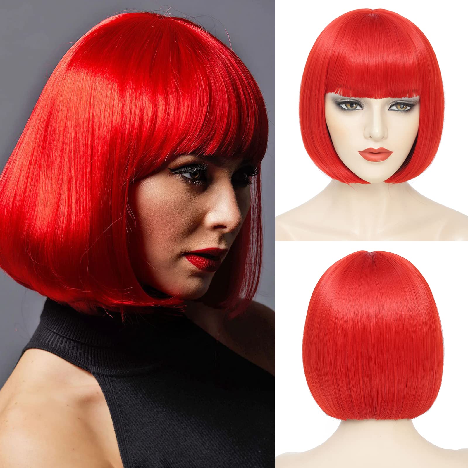 YBYMCAI Red Bob Wig With Bangs Short Red Wigs For Women Straight Bob Bangs Wig 10 Inch Heat Resistant Synthetic Hair Natural Looking For Daily Party