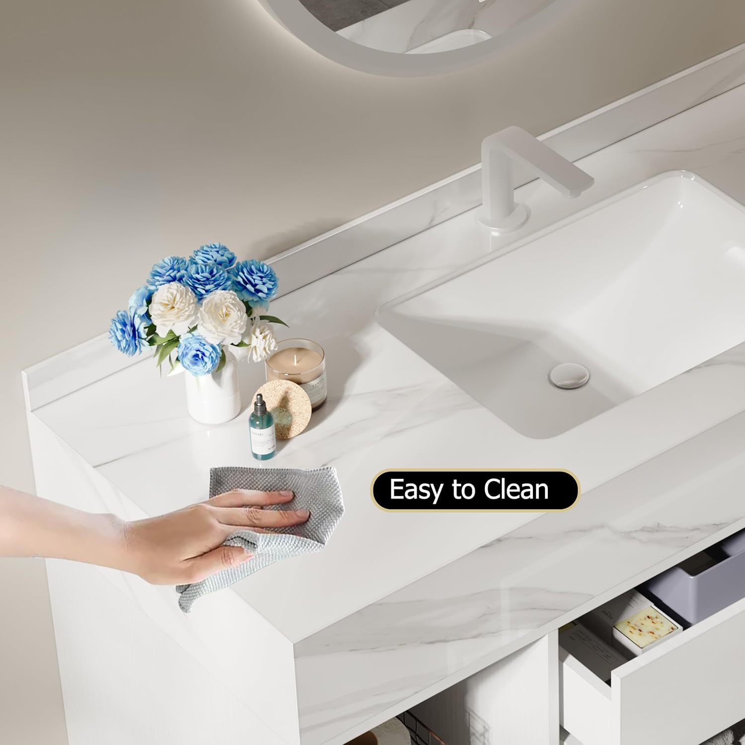 homary 35.4" Floating Bathroom Vanity with Sink, Modern Wall-Mounted Vanity Bathroom Cabinet with Sintered Stone Countertop, Undermount Sink & White, 2 Open Storage Shelves