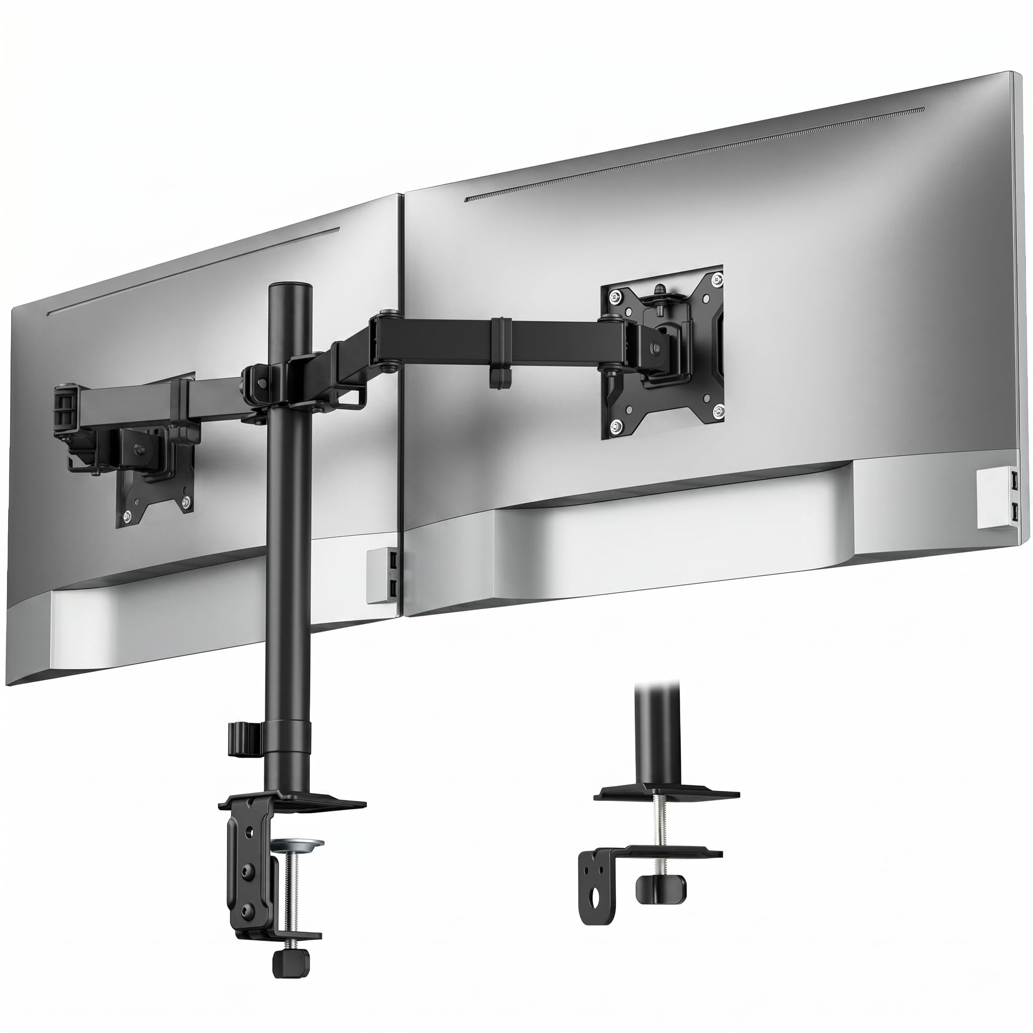 monTEK Monitor Halterung 2 Monitore für 17-32 Zoll Bildschirm, Höhenverstellbare Monitorarm mit Einer Tragkraft von bis zu 10 kg pro Arm mit Klemmschelle/Tischdurchführung, VESA 75x75MM/100x100MM