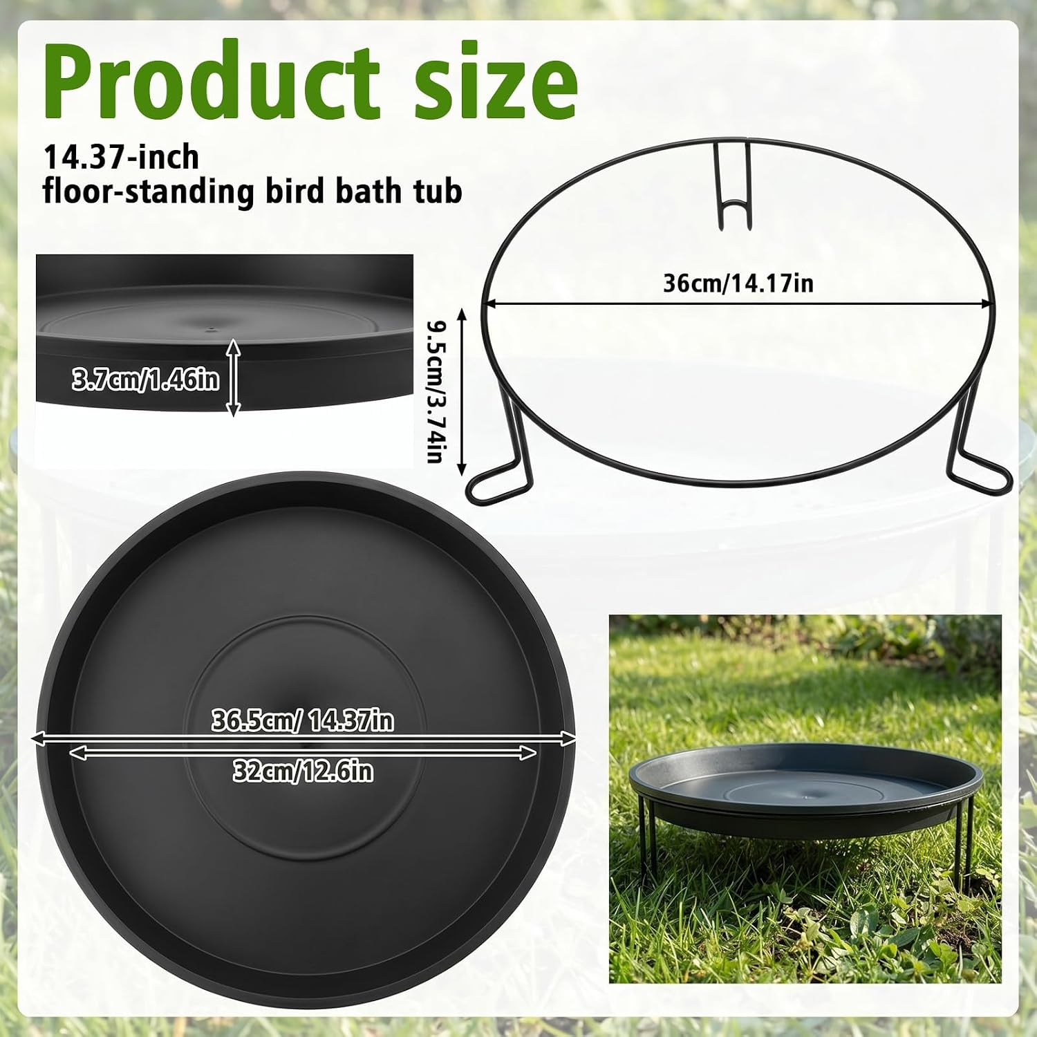 14.37'' Ground Bird Bath for Outside Large Bird Bath Bowl for Patio Garden or Deck Floor Standing Black Steel Wire Stand with Dish Outdoor Feeder Water(Black)