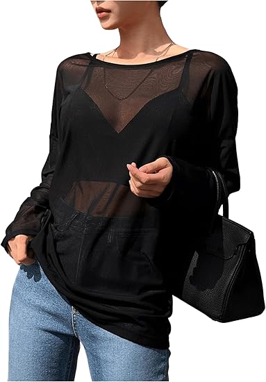 RoseSeek Women's Long Sleeve T Shirt Sheer Mesh Round Neck