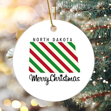 Merry Christmas US North Dakota State Map Christmas Ornament Ceramic Round For Xmas Tree Decoration Holiday Collectible Xmas Souvenir New Year Gifts for Family Stocking Stuffer Ornaments