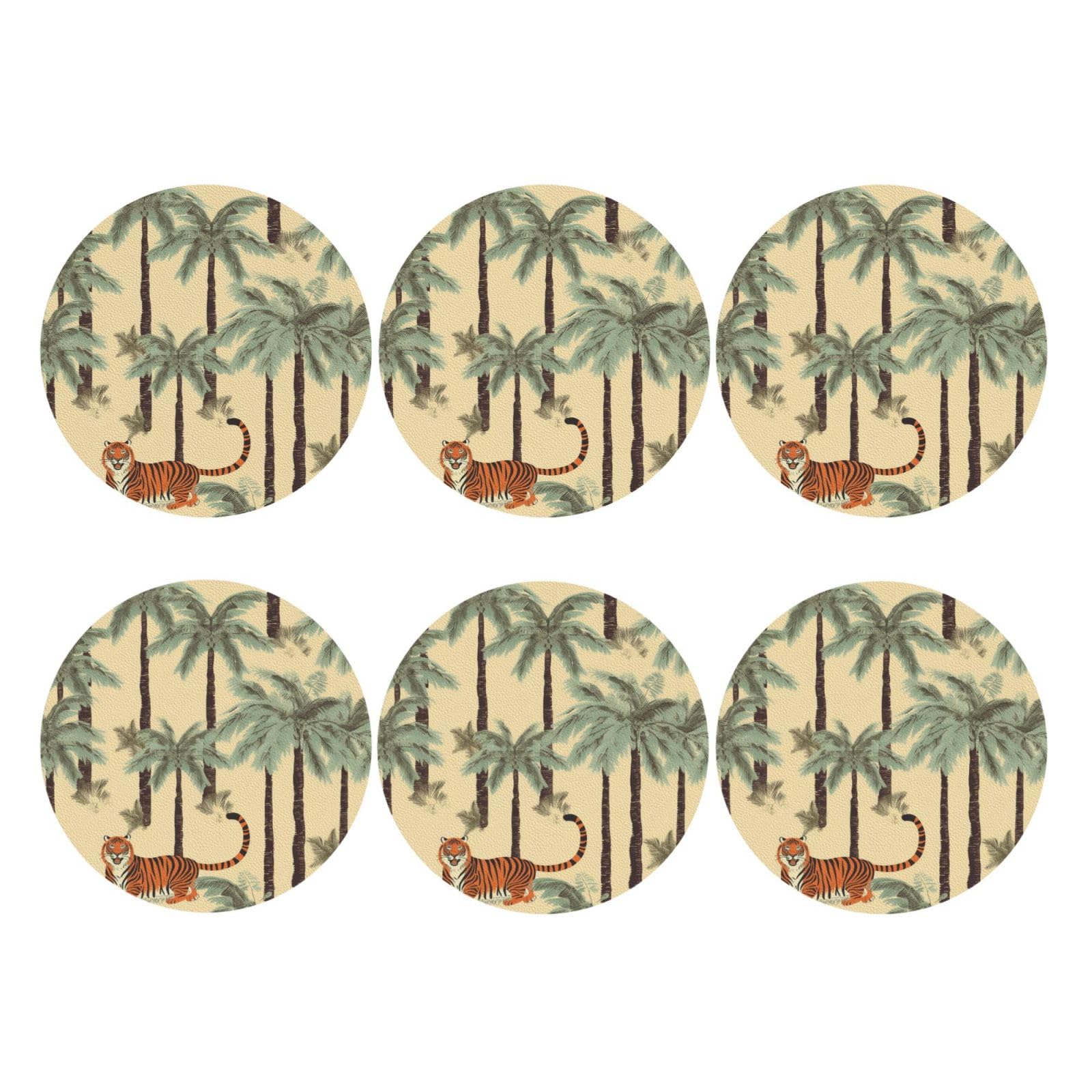 6pcs Leather Coasters for Drinks, Palm Trees and Tigers Drink Coasters for Tabletop Protection, 4" Cup Coasters for Coffee Table Decor, Non-Slip Drinking Cup Mat for Hot Or Cold Drink